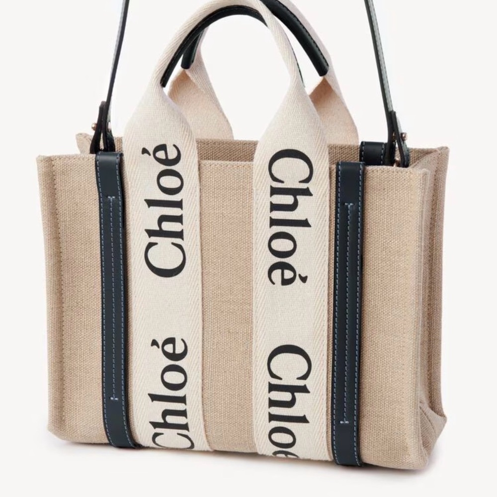 Chloé Beige Canvas Mini Woody Tote with Blue Trim and Logo Straps - Picture 9 of 10